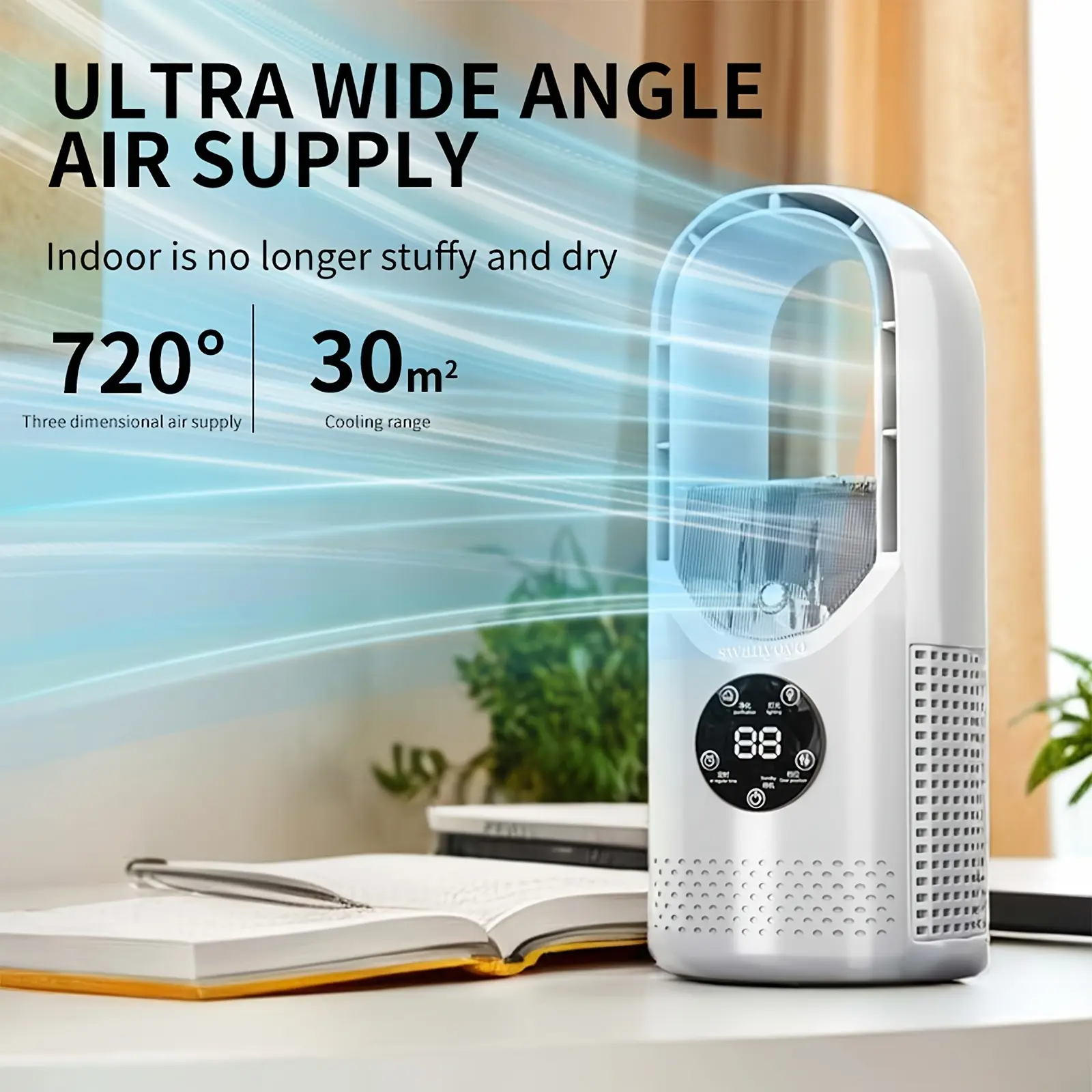 Portable Air Conditioning Fan, USB Tower Fan, Desktop Bladeless Fan - With Remote Control, Touch Screen, Water Mist Cooling, Seven-color LED Ambient Light, Timer And Intelligent Shutdown - Perfect For Offices, Travel, Camping And Home Necessities
