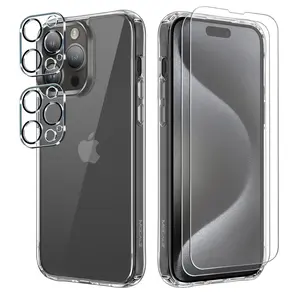 Mocalz Designed for iPhone 15 Pro Case, [Clear] 5 in 1 [Non Yellowing] Case with 2X Tempered Glass Screen and 2X Camera Lens Protectors, Shockproof and Air-Guard Corners (Clear Non MagSafe)