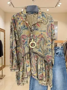 Women's Vintage Long-Sleeve Ruffle Hem Button-Up Tunic Blouse - Bohemian Paisley Print, Lightweight Polyester Fabric, Mixed-Color Top, Casual Fit for Christmas Occasion