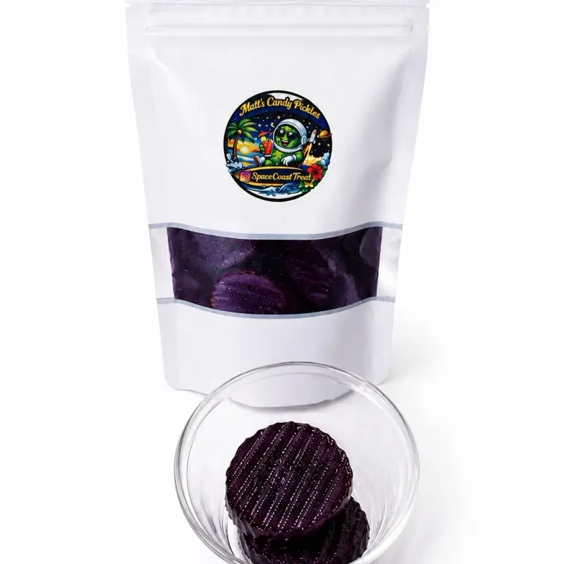 Matt's Candy Pickles Grape Flavor 8 oz Bag - Intense Sour, Sweet, Tangy, Crunchy Juicy, Pickle Chips from Florida's Space Coast