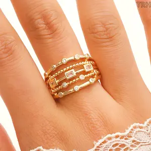 14K Gold Plated Multi Layer Open Adjustable Ring for Women, Geometric Hollow Rectangle Round CZ Stackable Band, Minimalist Ins Dainty Cubic Zirconia Wide Statement Finger Jewelry Daily Party