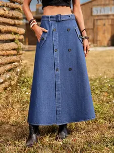 Women's High Waist Denim Long Skirt, Double Button A-Line Shape with Belt, Casual Long Denim Half Skirt with Pockets