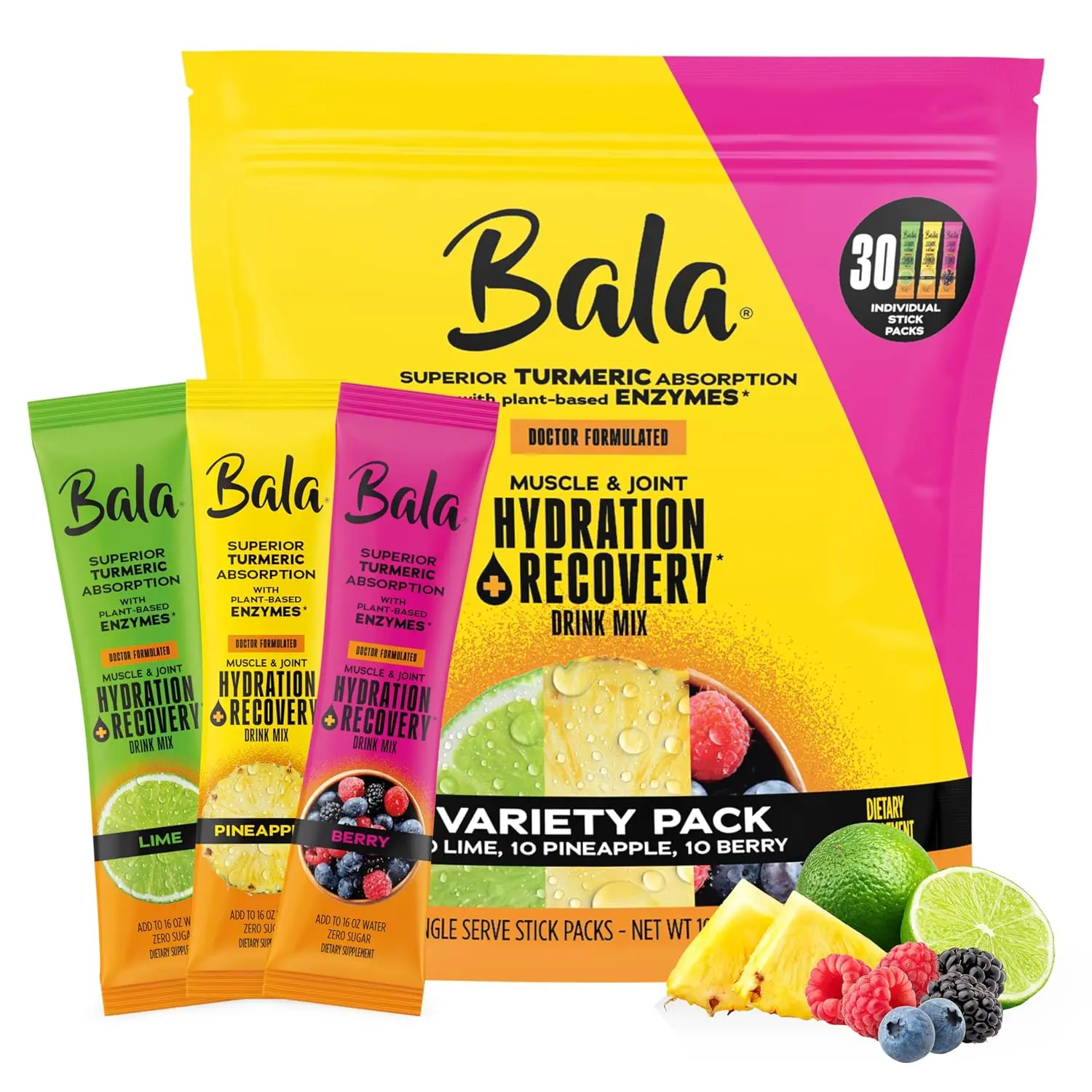Bala Electrolyte Drink Mix - Sugar Free, Plant-Based Hydration Powder with Turmeric, Trace Minerals, Digestive Enzymes & Berry Amino Acids for Energy & Recovery (12 Packs, Variety Option) Edible Supplements Dietary Fitness Supplement
