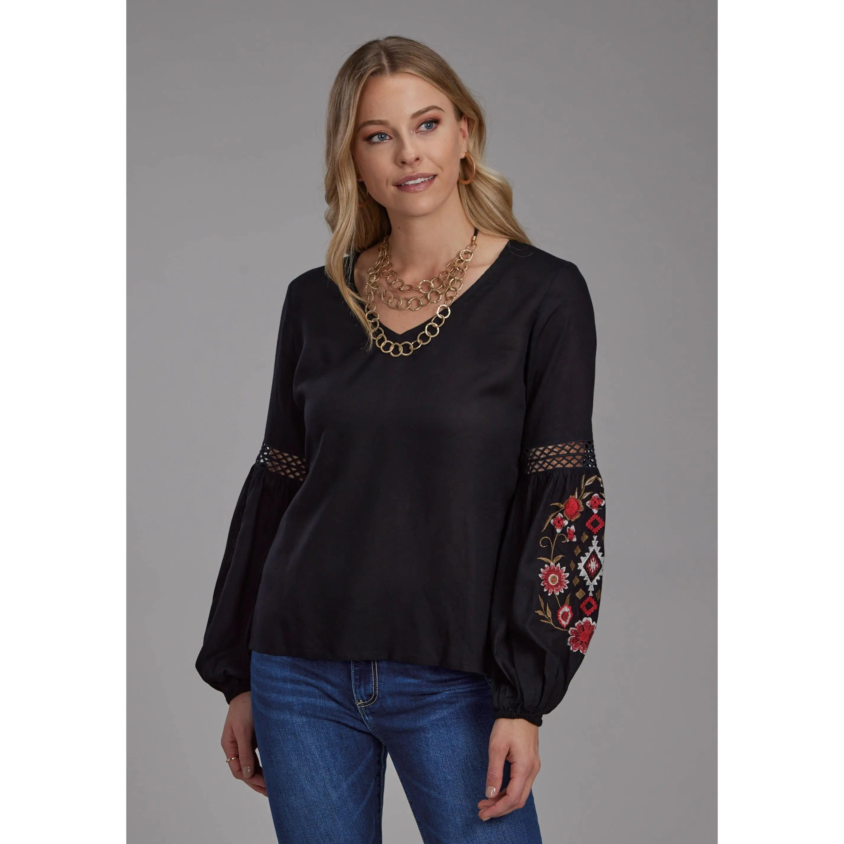 Womens Solid Rayon Challis Blouse Long Sleeve Pullover Western Shirt