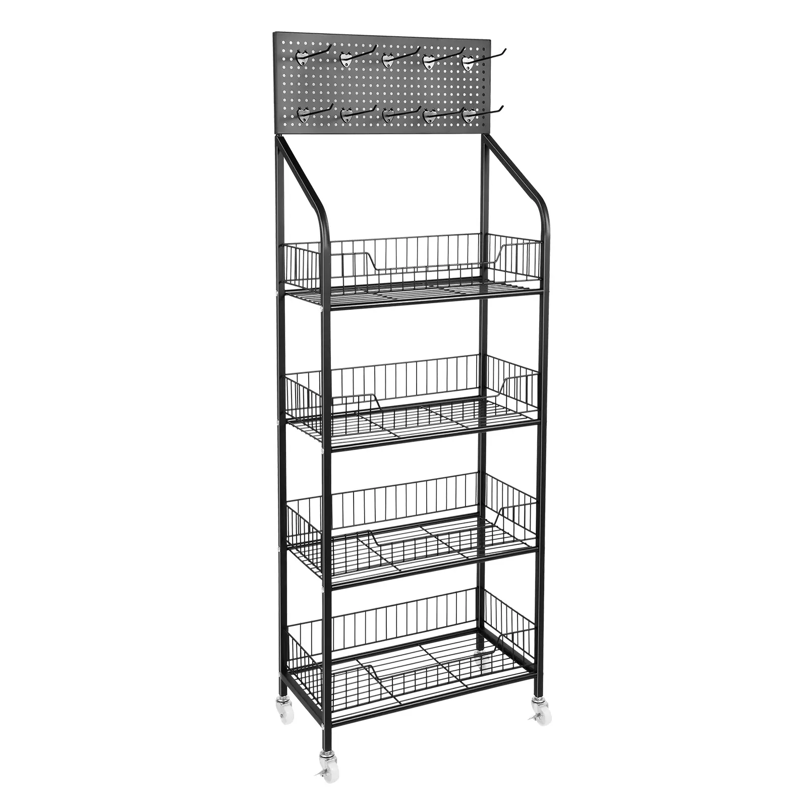 Space Saving 4 Layer Snack Shelf Organizer Freestanding Display Rack with 10 Hooks Easy Assembly for Pantry Shop Garage