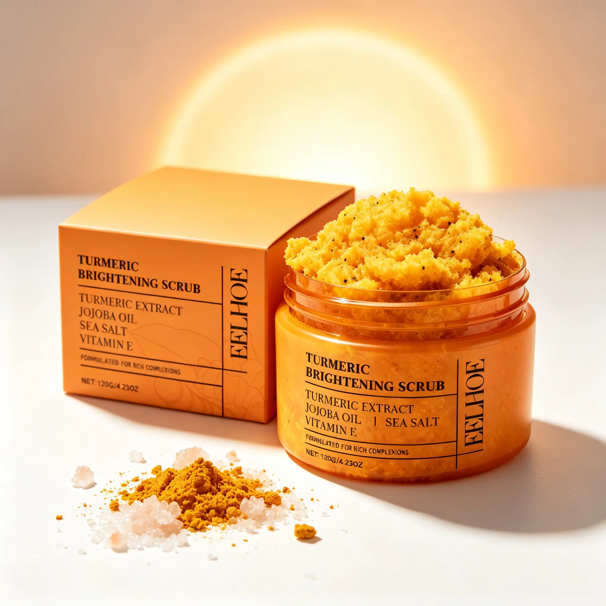 Turmeric Brightening Scrub with Sea Salt & Jojoba Oil – Exfoliating Body Scrub, Vitamin E Enriched, Formulated for Rich Complexions, Smooths & Brightens, Gentle on Skin, 120g / 4.23 oz