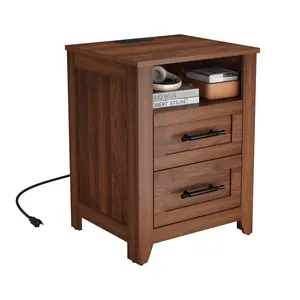 Garvee Farmhouse Bedside Table with Charging Station – 23.6" MDF Nightstand, 1 Drawer & Open Shelf, USB-C & AC Outlets – Perfect for Bedroom or Living Room – Keep Devices Charged & Clutter-Free – Stylish & Functional!
