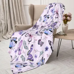 Butterfly Pattern Blanket, Soft Warm Flannel Throw Blanket, Lightweight Cozy Blanket, Air-conditioned Room Blanket, Comfy Nap Blanket for Home & Office & Travel,Purple