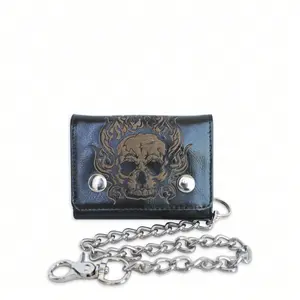 Men's Chain Wallet With Laser-Embossed Skull Design And Two-Snap Closure - Black Halloween