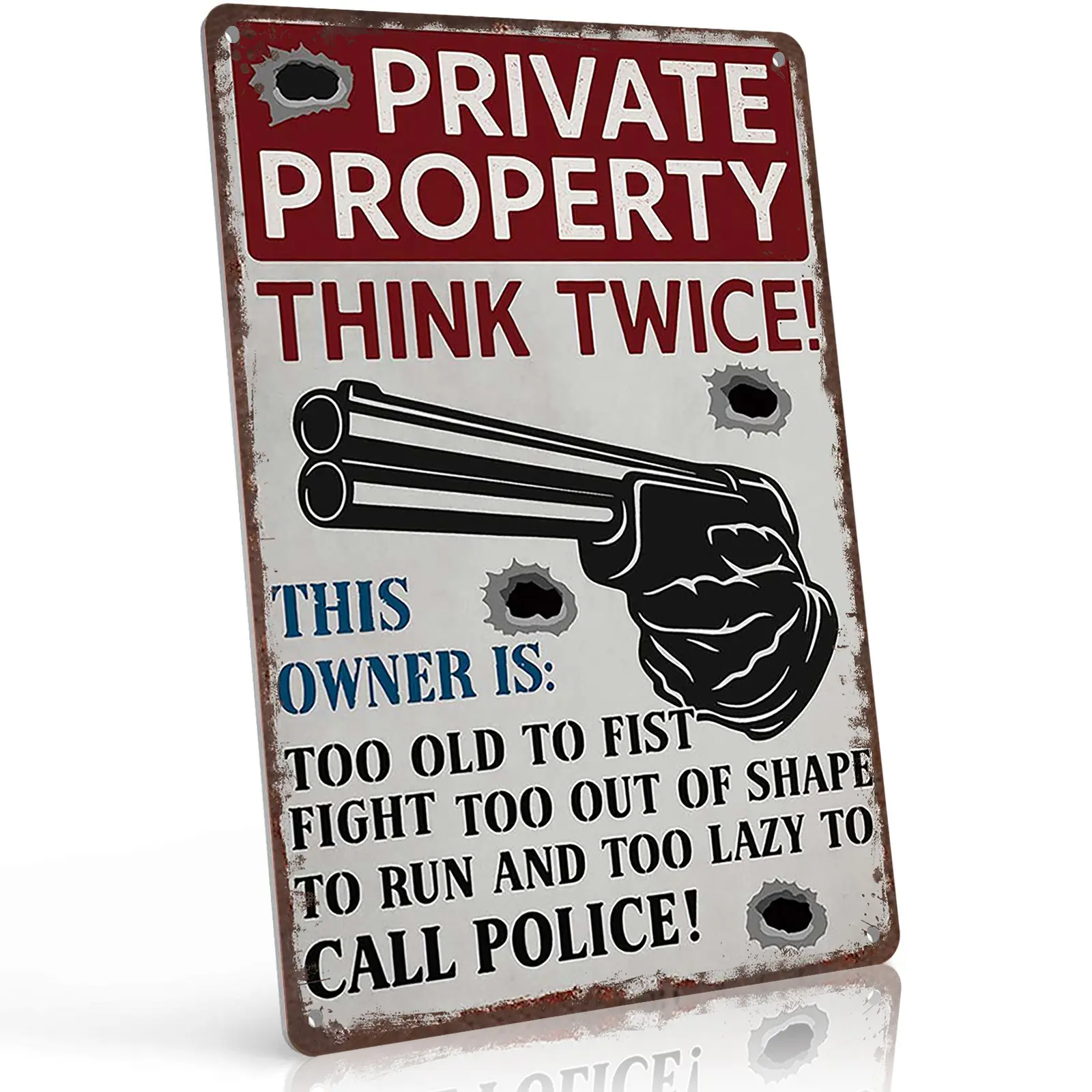 12x8 in Aluminium Private Property Think Twice Gun Warning Sign - Bold Western Home Decor, Vintage Metal Plaque, Art Deco Novelty Decor, Gun Owner Entryway Gift