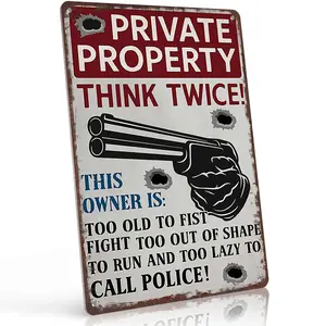 Private Property Think Twice Gun Warning 12x8 Inch Aluminum Metal Sign - Bold Patriotic Wall Decor for Entryway, Garage, Man Cave, Property Perimeter - Retro Tin Sign Gift for Gun Owners, Patriots and Home Defenders