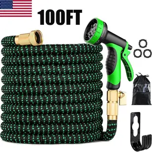 100FT Expandable Flexible Garden Hose with 10 Spray Nozzles, 4X Stronger Heavy Duty, Kink-Free Brass Fittings, Retractable for Outdoor Garden Yard Car Wash