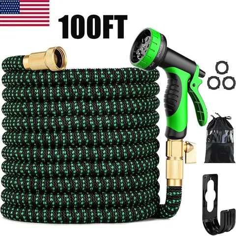 50/100FT Expandable Flexible Garden Hose with 10 Spray Nozzles, 4X Stronger Heavy Duty, Kink-Free Brass Fittings, Retractable for Outdoor Garden Yard Car Wash