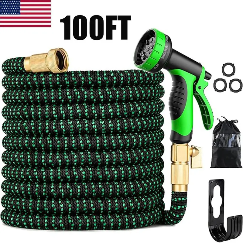 50/100FT Expandable Flexible Garden Hose with 10 Spray Nozzles, 4X Stronger Heavy Duty, Kink-Free Brass Fittings, Retractable for Outdoor Garden Yard Car Wash