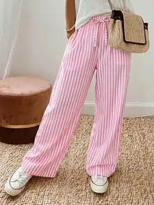 Women’s striped wide-leg casual pants featuring a drawstring elastic waistband and side pockets; soft, comfortable fabric suitable for home and commuting; ideal summer long pants.