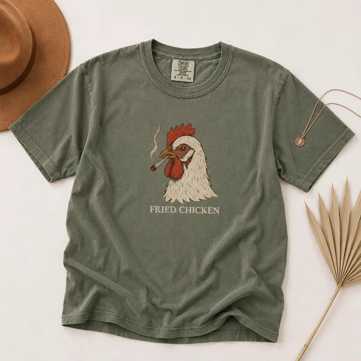 Comfort Colors Funny Fried Chicken Shirt, Smoking Rooster Tee, Sarcastic Dark Humor Tshirt, Gag Gift For Dad, Funny Farmer Graphic Top -DarkFlex
