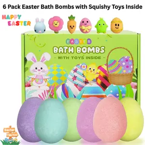 6 Pack Easter Bath Bombs with Squishy Toys Inside, Easter Basket Stuffers, Easter Gifts for Kids Boys Girls, Fun Bath Toys, Kids Party Favors & Egg Hunt