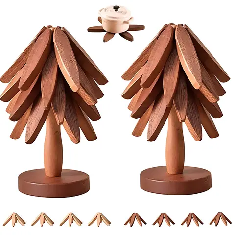 Natural Foldable Black Walnut Wooden Trivet Set, Heat-Resistant Tree Design with 4 Trivets & Stand, Wood Coasters for Hot Pots, Pans, Bowls, Kitchen Accessories Tableware couple gifts birthday Tree-Shaped tiktokshopspringglowup Iron