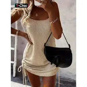 Women’s solid backless sweater dress with adjustable drawstring and ruched detailing; casual chic sleeveless bodycon cami dress for summer; Summer Outfits 2024; sundress maxi dress; summer dresses; ladies’ clothing for beach holidays