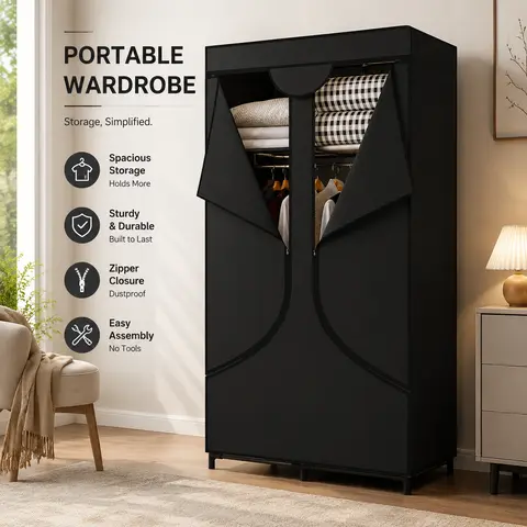 LINZINAR Portable Closet Armoire - 51x17.72x66.1in Large Rectangle Wardrobe, Corrosion-Resistant Durable Closet Organizer System with 2 Shelves, 4 Hanging Sections, Metal Frame, Dustproof Bedroom Furniture (Assembly Required, Memorial Day Sale)