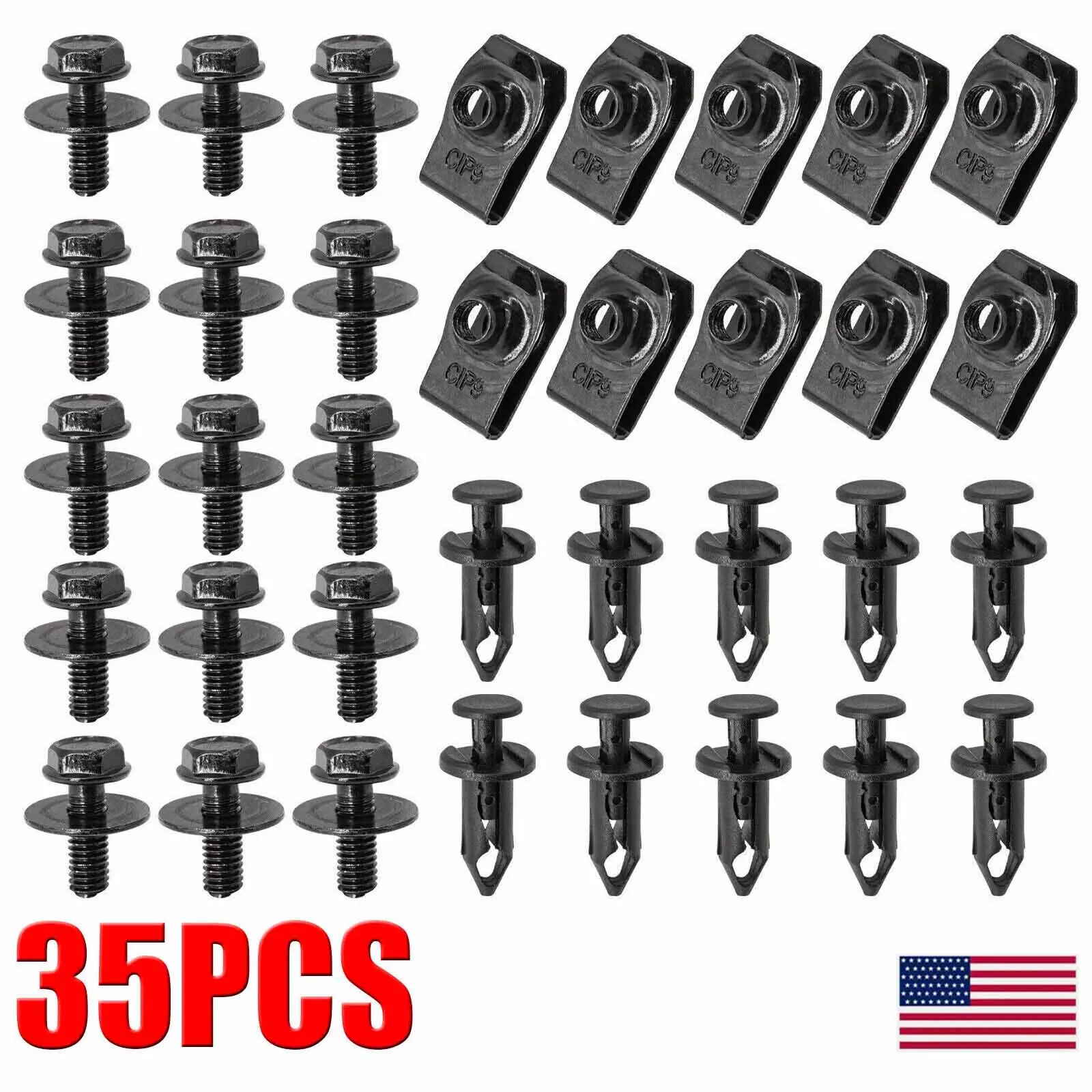 M6 Body Bolt & U-Nut Clip Kit, 35 Piece Anti-Rust Carbon Steel and Nylon Fasteners, Perfect Replacement Hardware for Ford Engine Splash Shield, Bumper and Chassis Maintenance