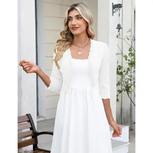 Women Cropped Knit Cardigan 3/4 Sleeve Open Front Bolero Shrug Lightweight Sweater for Dresses