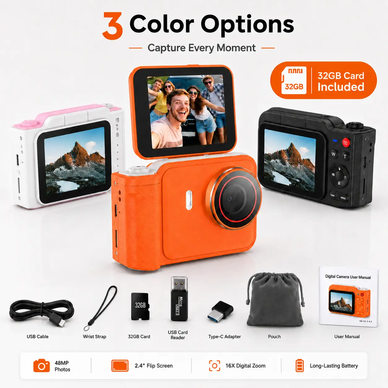 W&O 48MP 4K Compact Point and Shoot Digital Camera with Fill Light, 180° Flip Screen, 16X Digital Zoom, 32GB Card – Ideal for Beginners, Great Gift for Photography Enthusiasts