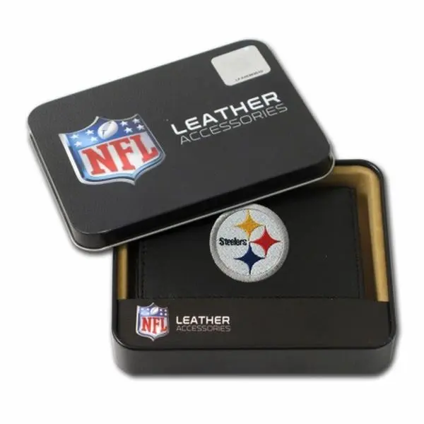 Rico Sporting Goods 138759 Pittsburgh Steelers Logo Trifold Wallet - Men's Black Leather Multi-Compartmental Compartmented Boxed Men's Wallet, Multi-Compartmental Men's Wallets