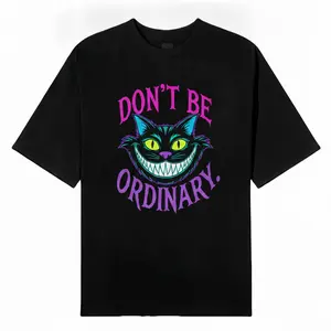 Women's Round Neck Short-Sleeve T-Shirt - Alternative Cartoon Black Grinning Cheshire Cat "Don't Be Ordinary" Vibrant Purple Lettering Graphic Streetwear Clothes, Casual Summer Outdoor Top