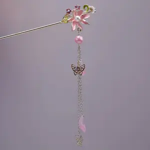 BLING EMPIRE Lotus Blossom Butterfly Hairpin, 17cm, Romantic Hair Accessory with Flowing Tassels & Glossy Flowers for Wedding