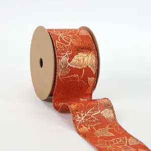 LAR - 2 1/2" Wired Ribbon | "Metallic Maple Leaf" Rust/Copper | 10 Yard Roll