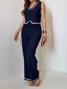 Elegant Women's Lace Trim Long Pants Set, Classic Vest Single Button Two-Piece Suit, Perfect for Vacation Outdoors Daily Wear