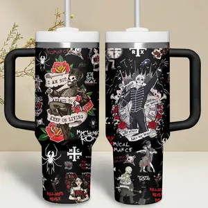 My Chemical Romance Tumbler Cup With Straw, Gift For Album The Black Parade ,Emo Gothic Rock Band Merch, MCR Skeleton Graphic Mug, Alternative 2000s Aesthetic Drinkware, Killjoys Never Die MCR Fan Gift, Stainless Steel Cup For Coffee Iced Drinks