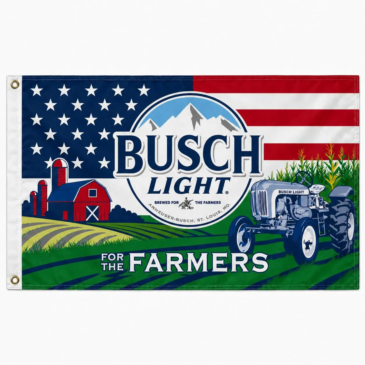 Busch Light For The Farmers Flag 3x5 Ft, American Farm Beer Inspired Polyester Wall Banner with 4 Grommets, Tractor Barn Field Patriotic Decor, Man Cave Garage Dorm Room Outdoor Party Gift for Farmers Beer Fans