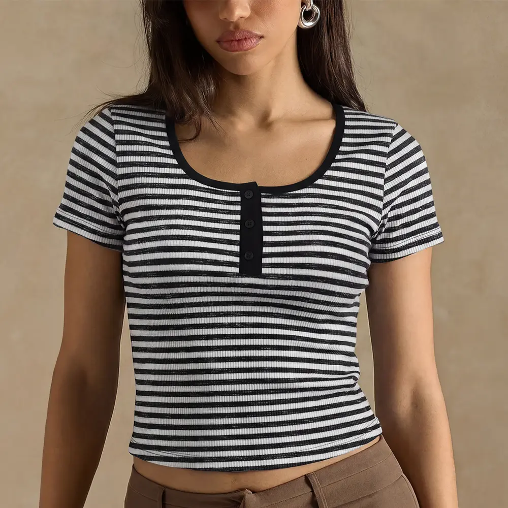 Women's Retro Striped Slim-Fit Short-Sleeve Henley Top - Basic Rayon-Spandex Blend Scoop Neck Jersey Tee for Casual Everyday Wear