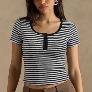 Womens Summer Stripe Henley Top Slim Fit Short Sleeve Casual Tee Blouse Everyday Basic