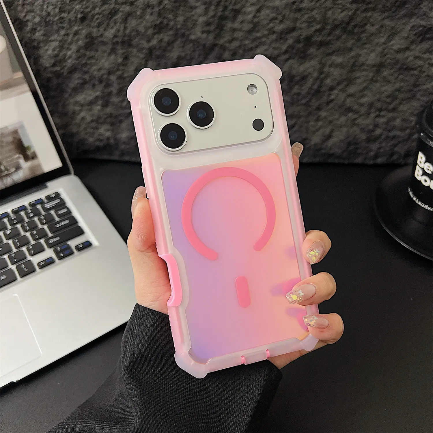 Fluorescent Laser Magnetic Case for iPhone 17 Pro Max 17 Air 16 15 14 13 Pro Max, compatible with MagSafe, Matte 2-Layer Shockproof Bumper Case, Crystal Anti Scratch Phone Case