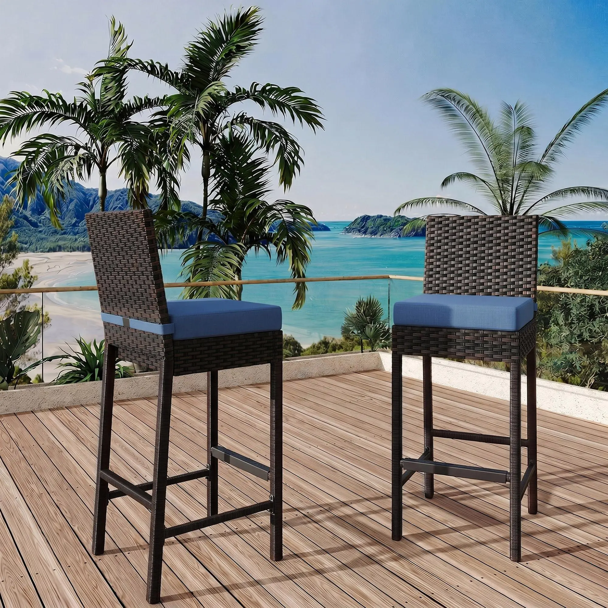 Patio Wicker Barstools With Cushions, Outdoor Wicker Bar Stools Set of 2, Outdoor Rattan Bar Height Stool Set Armless for Backyard, Poolside,Blue