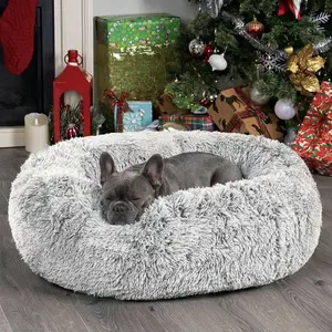 Calming Dog & Cat Bed, Anti-AnxietyDonut non-slip base Cuddler Warming Cozy fluffy Soft Round Bed, Fluffy FauxFur Plush Cushion Bed for Small Dogs and Cats
