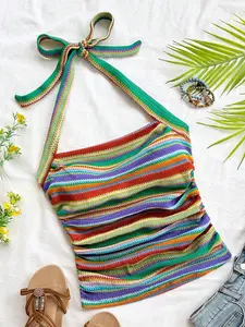 1 Piece Boho Bohemian Colorful Striped Halter Top, Ruched Fitted Sexy Aesthetic Chic Crop Top