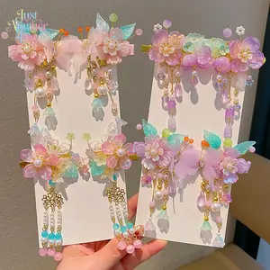Chinese Style Floral Tassel Hair Clips for Girls, Hanfu Hair Accessories with Bow & Bead Tassel, Princess Style Kids' Pair Barrettes