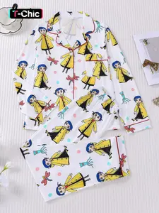 2-piece set of women's Caroline button alien creature dragonfly print long sleeved pants, soft and comfortable, skin friendly and smooth top, small pocket button closure elastic waistband suitable for all seasons home, casual wear, pajamas, Loungewear