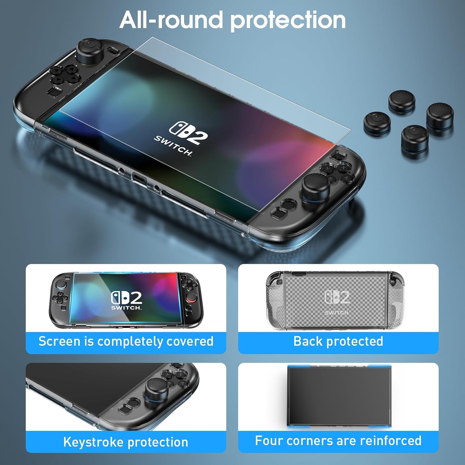 Switch 2 Case Switch 2(2025), Switch 2 TPU Cover, Protector Case Cover for Switch 2 Accessories with 6 Thumb Caps and Screen Protector, Anti-Slip, Shock-Proof,Anti-Scratch