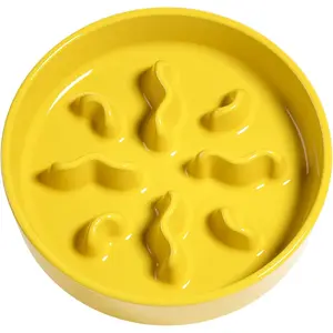 Ceramic Slow Feeder  Bowls Small Breed, 0.5 Cups   Dish for Fast Eaters, Puzz Bowl for Small Dogs and Cats, 5.5 Inch-Yellow