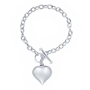 Puffed Heart Charm Link Bracelet - 925 Sterling Silver, 7.5 Inches, Sleek Link Chain, Toggle Clasp, Versatile for Everyday Wear