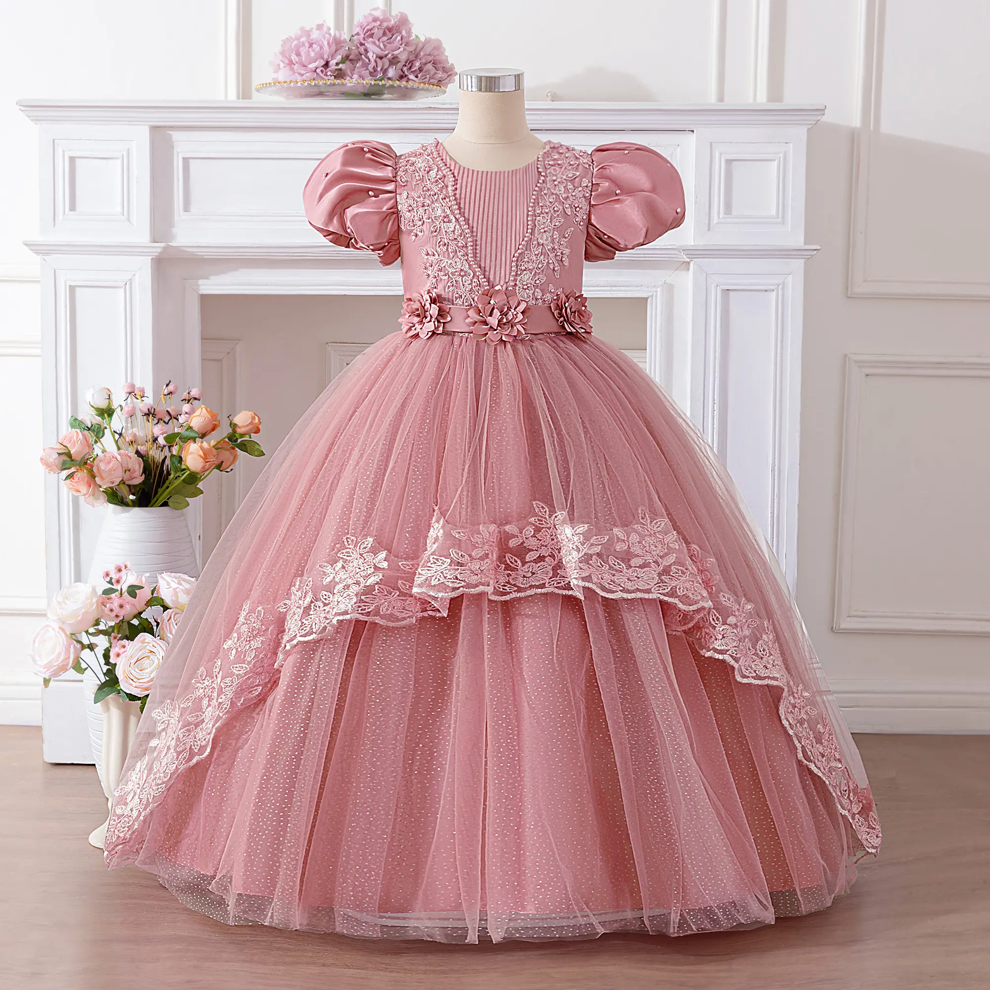 6-11Y Dark Pink 610 Kids Clothes Flower Girls Princess Puff Sleeve Lace Floral Beading Ball Gown Long Ball Gown Frock Children Formal Evening Party Banquet Pageant Prom Host Cocktail Dress