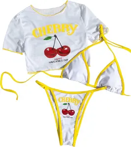 Women's 3 Piece Cherry Swimsuits Y2k Triangle Halter Thong Bikini Set with Cover Up