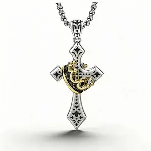 Unisex Stainless Steel Crown Prayer Cross Emblem Necklace - Men's Accessories, Long Length, Symbol of Faith, Ideal Gift for Faithful Individuals, Cross Emblem Necklaces