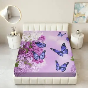 1Pc Butterfly Floral Purple Fitted sheet Mattress Protector Spring theme, Bed Cover Mattress protector Breathable, Soft Comfortable Bedding Mattress Cover, for Bedroom Guest Room.