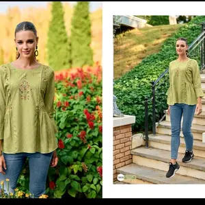 Rayon Short Kurtis - Women - Green Top with Embroidery Design for Casual Wear